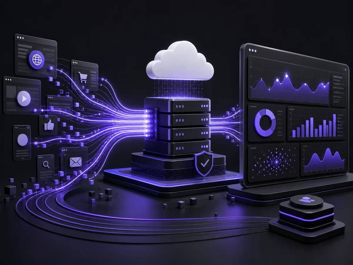 Secure server-side marketing data flowing into an analytics dashboard