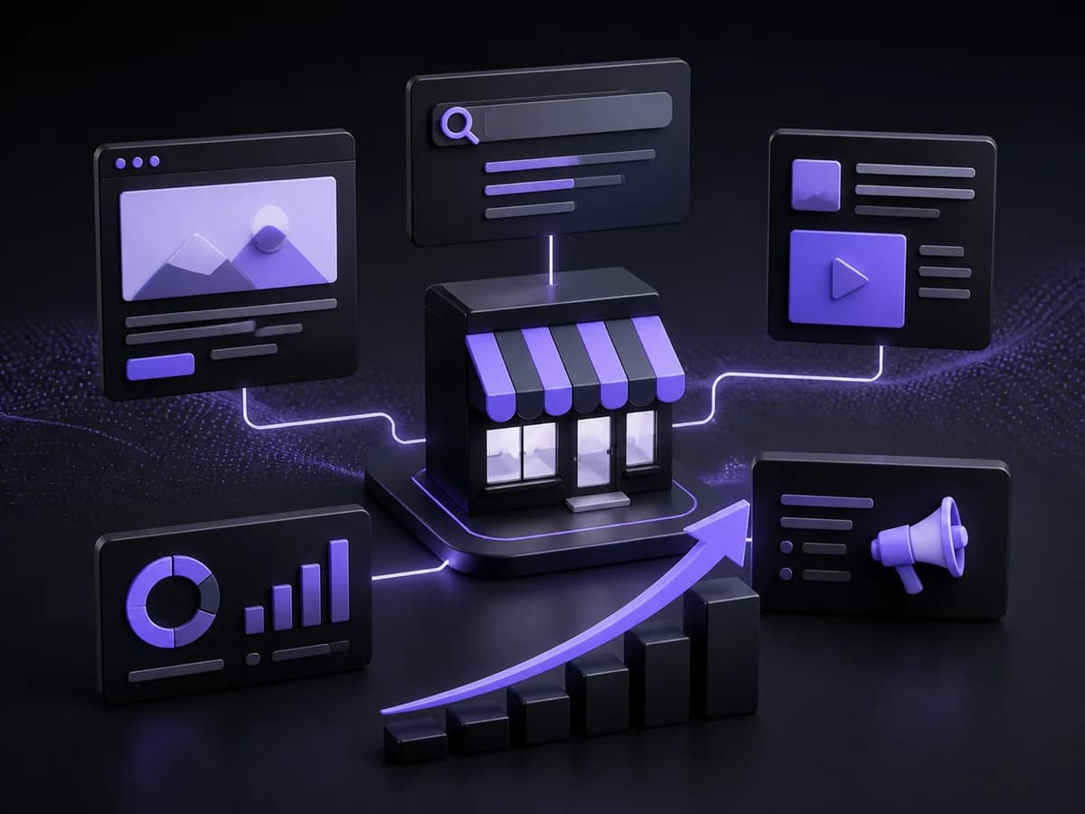 A small business connected to website, search, content, and analytics tools