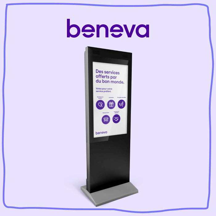 Le logo de Beneva avec une borne électronique tactile