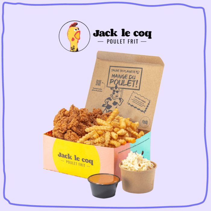 Le logo de Jack le Coq avec une boite de poulet, frite, salade de chou et sauce