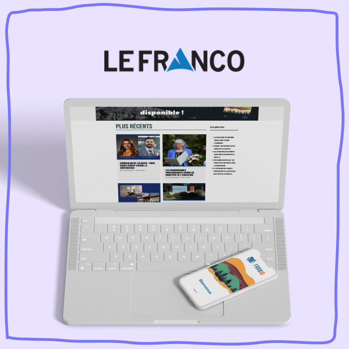 Le logo Le Franco avec un ordinateur et un téléphone sur la page et l'application de Le Franco
