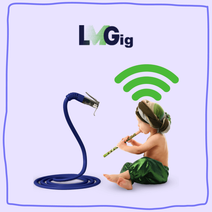The LMGig logo with a snaking internet thread and a child playing the flute