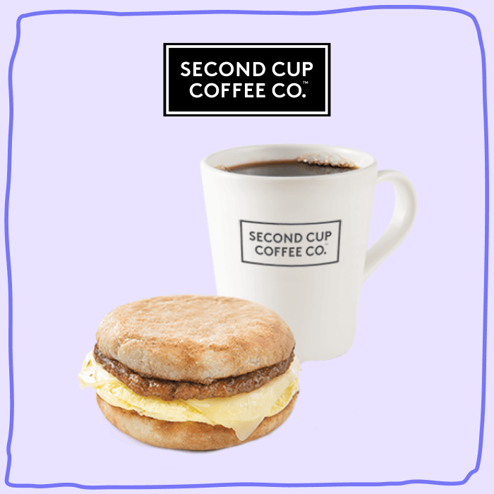 Le logo de Second Cup Coffee Co. avec un café et un sandwich matin
