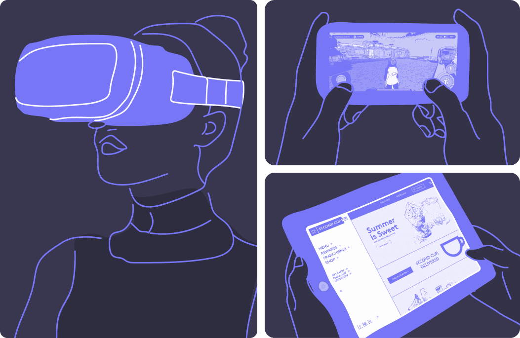 3 images relatives à la technologie incluant la réalité virtuelle, une tablette et un iphone