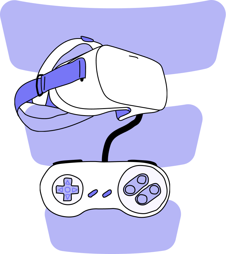 Un casque de VR et une manette de jeu devant le logo de Leadhouse