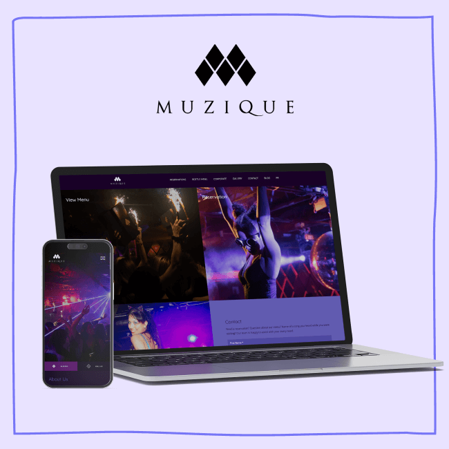 Muzique website mockup with logo EN